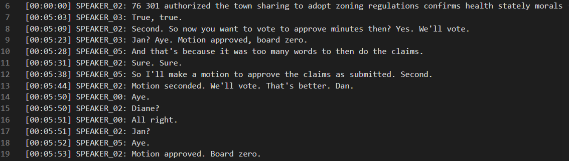 Transcription output — timestamped, speaker-labeled meeting transcript