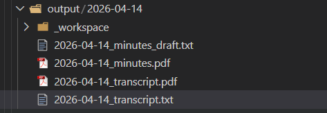 Transcription output structure — organized date-stamped directory with transcript and minutes files